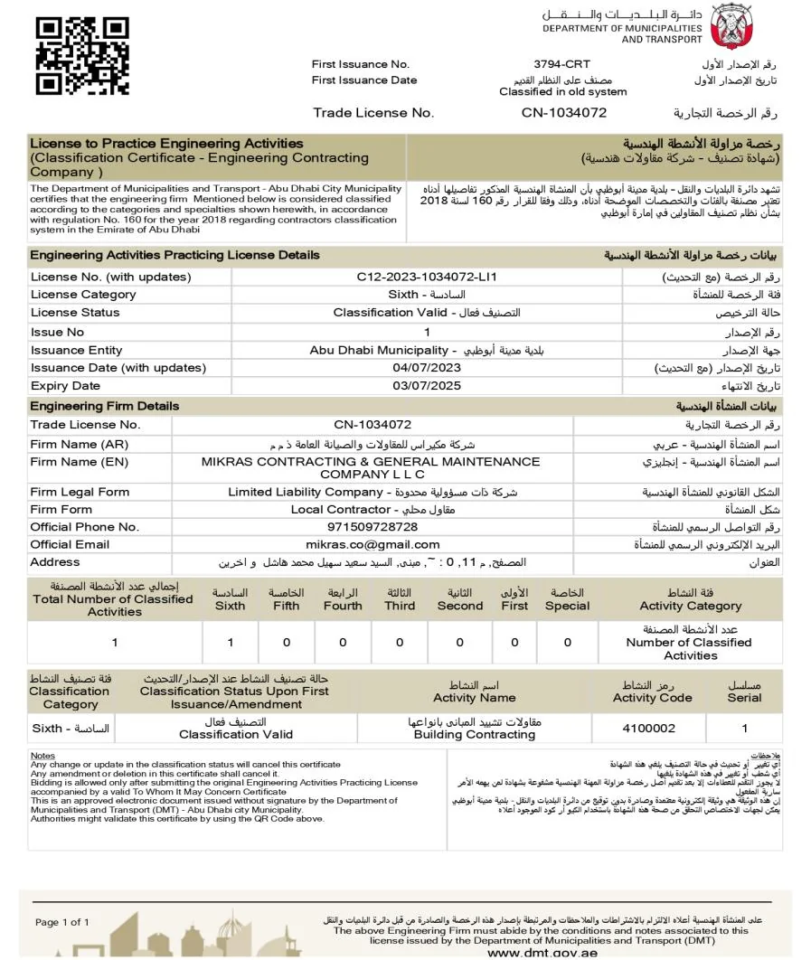 Contractor classification document held by Mikras Contracting
