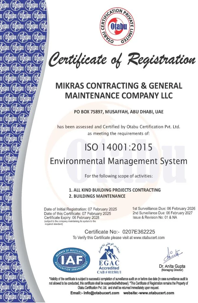 ISO 14001:2015 document held by Mikras Contracting