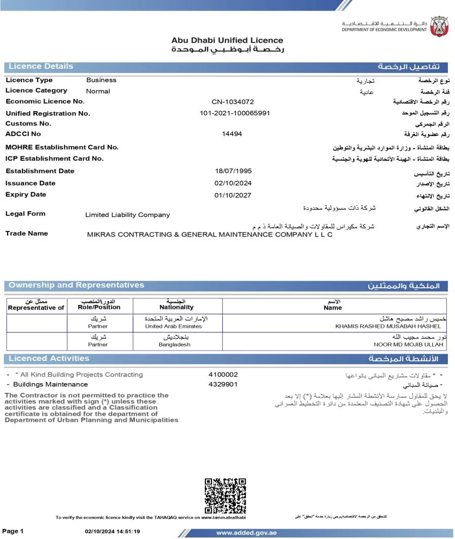 Trade licence document held by Mikras Contracting